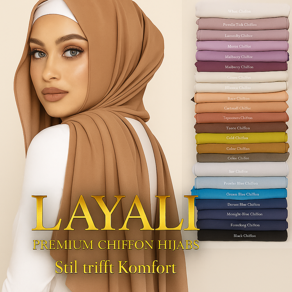 „Frau mit elegantem braunem Chiffon-Hijab vor beiger Wand, daneben eine geordnete Farbübersicht verschiedener Hijab-Töne. Text: LAYALI – Premium Chiffon Hijabs – Stil trifft Komfort.“