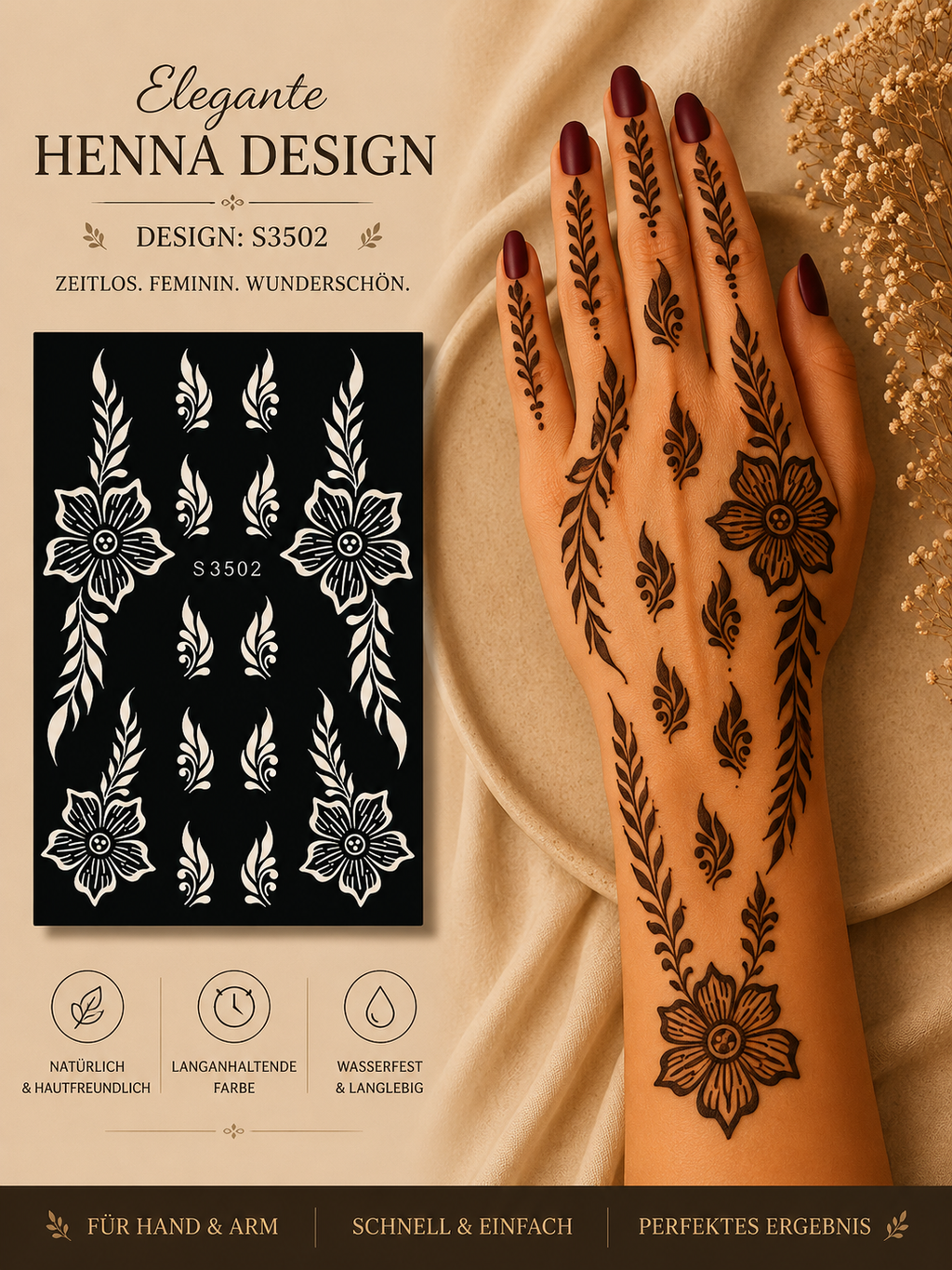 Layali Blumen-Henna Schablone – Waterproof Mehndi Design