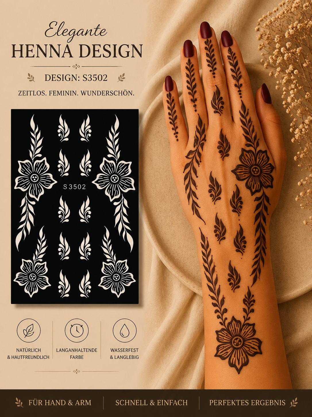Layali Blumen-Henna Schablone – Waterproof Mehndi Design