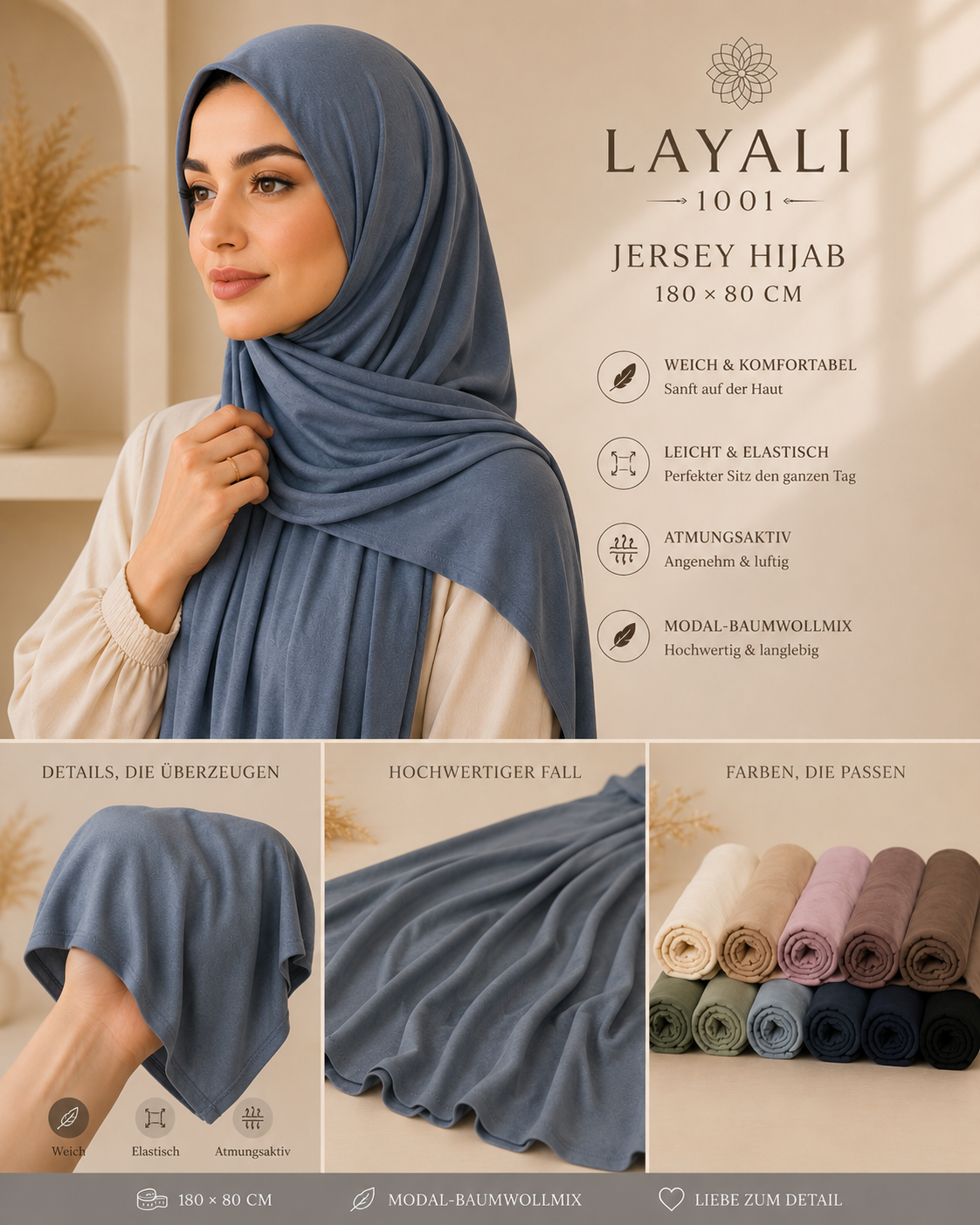 Layali Jersey Hijab 180×80 cm – Soft comfort in a large format | Modal-cotton blend