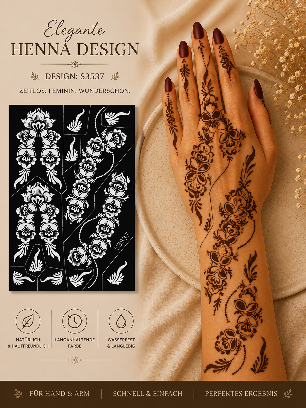 Layali Blumen-Henna Schablone – Waterproof Mehndi Design