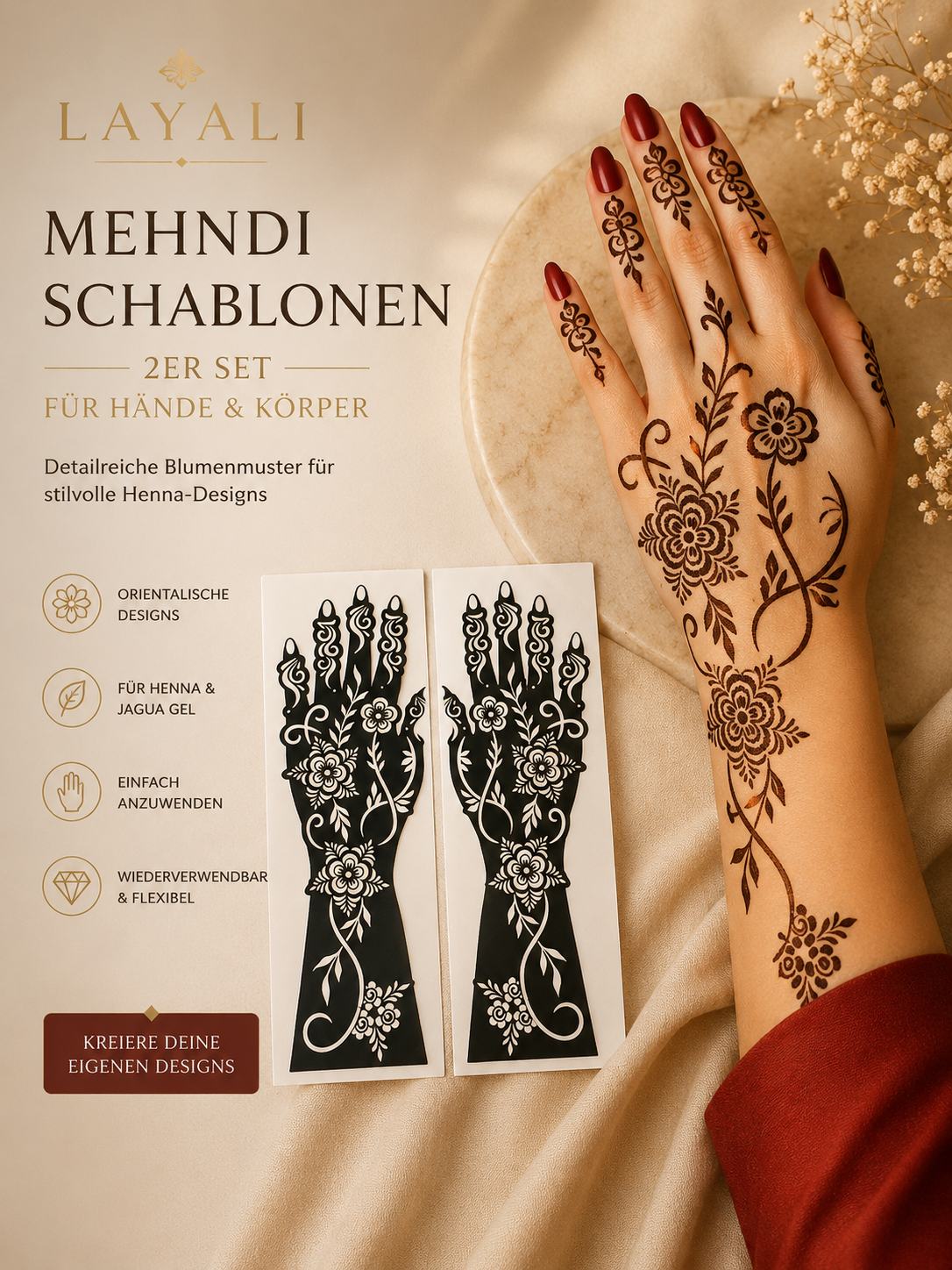 Layali Mehndi Henna Schablonen 1er– 2er Set für Hände & Körper