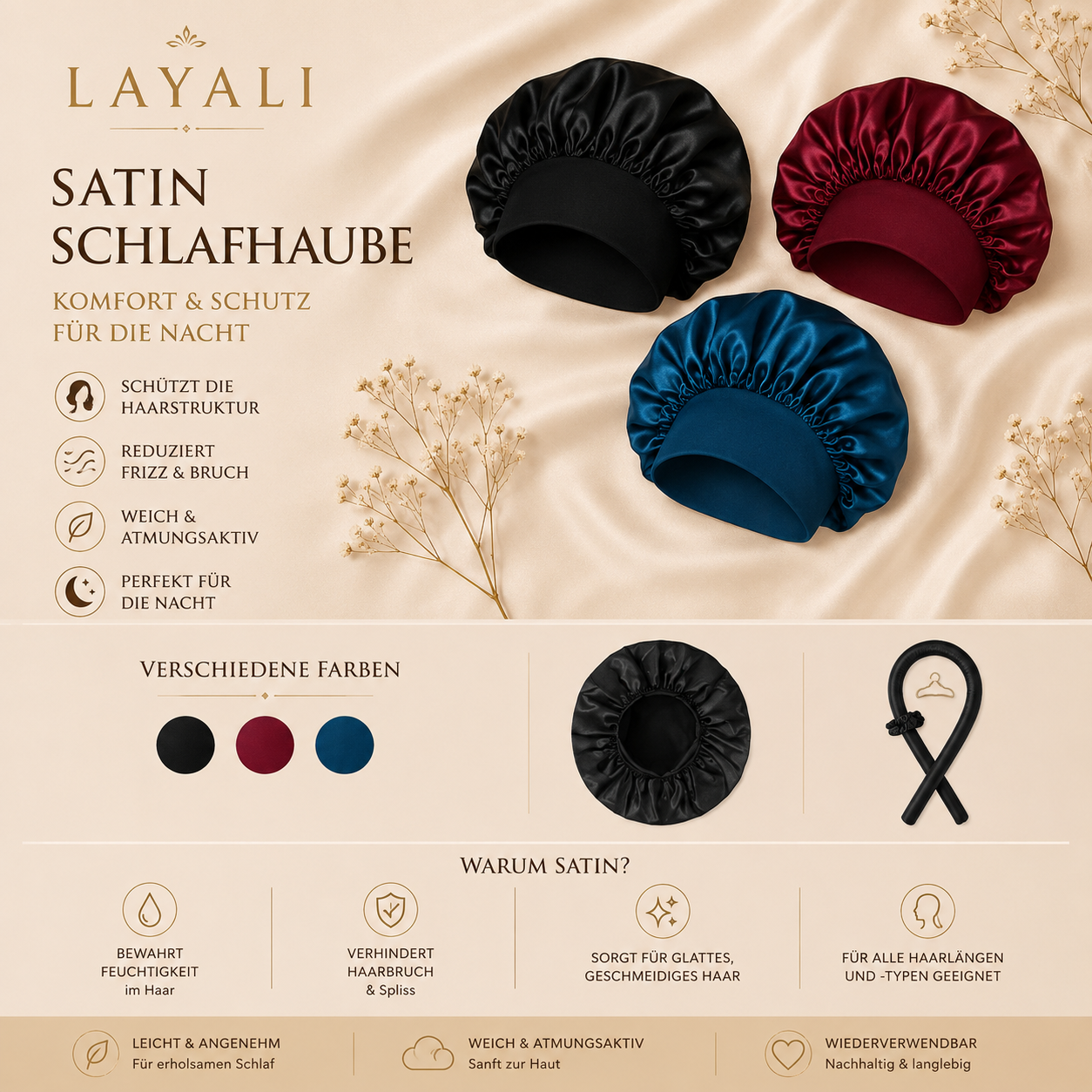 Layali Satin Schlafhaube – Komfort & Schutz für die Nacht