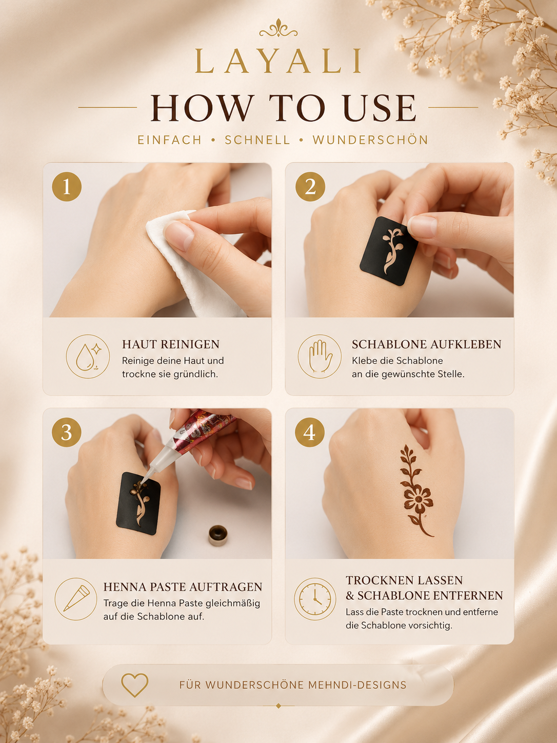 Layali Mehndi Henna Schablonen 1er– 2er Set für Hände & Körper
