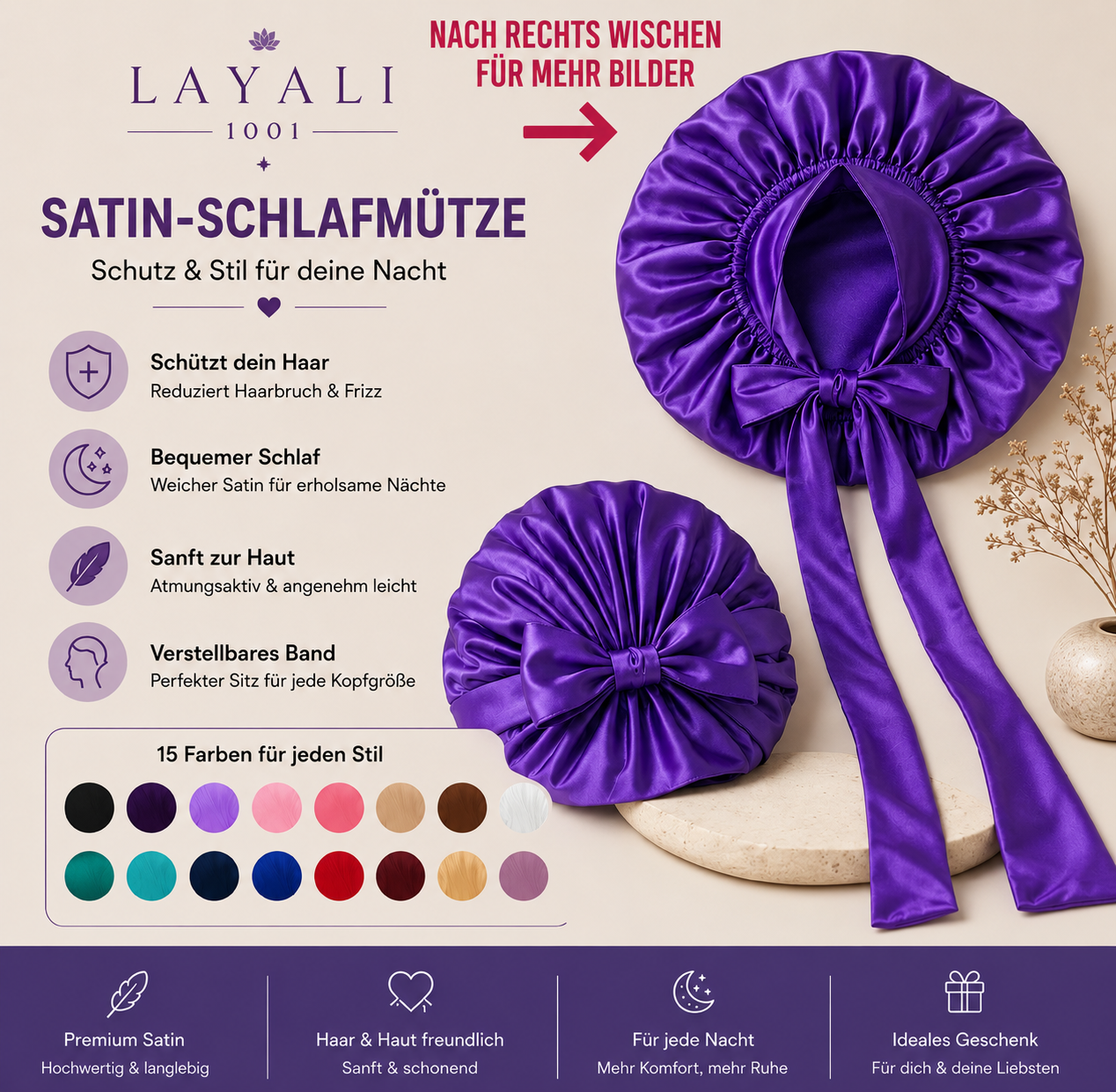 Layali Satin Schlafhaube – Verstellbar & Elegant