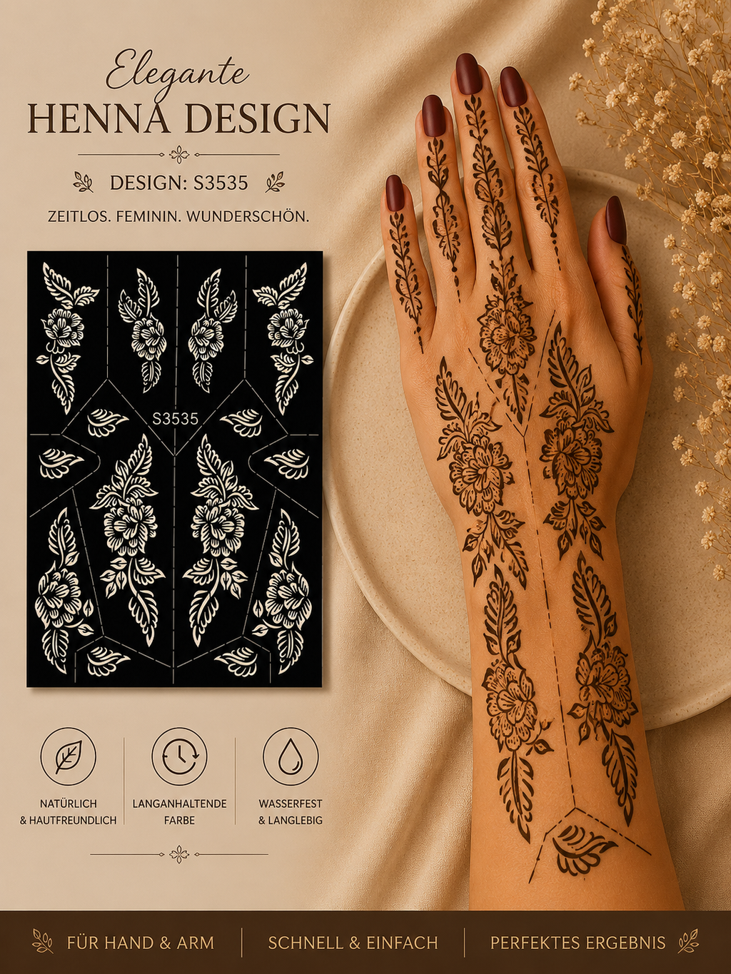 Layali Blumen-Henna Schablone – Waterproof Mehndi Design
