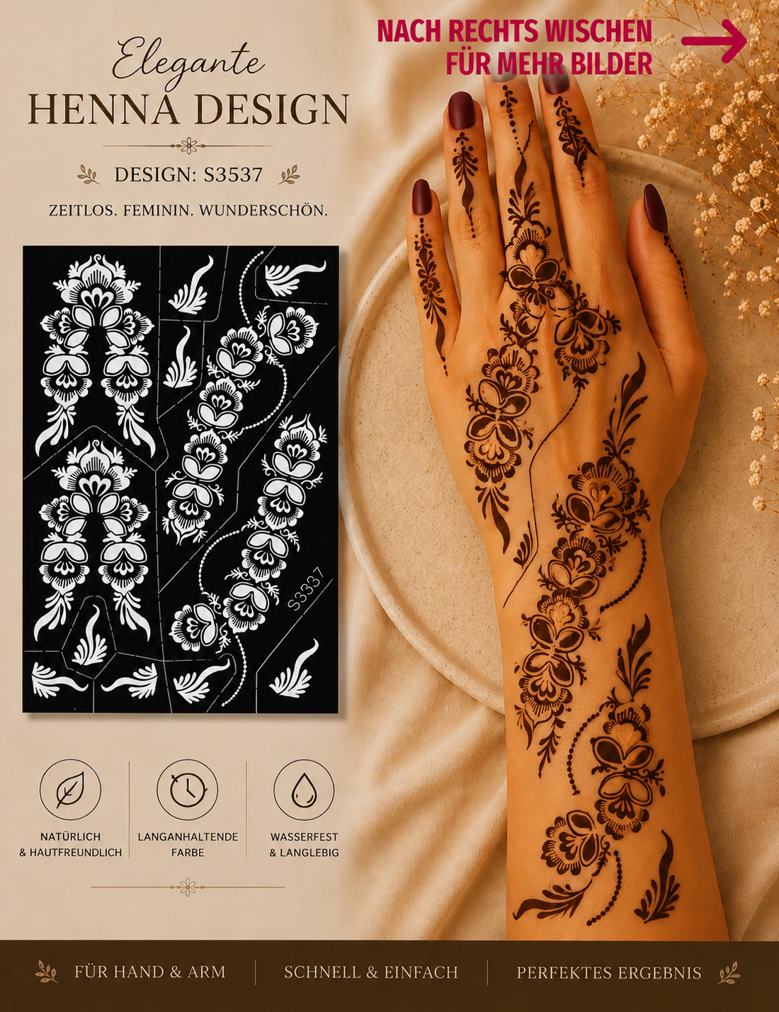 Layali Blumen-Henna Schablone – Waterproof Mehndi Design