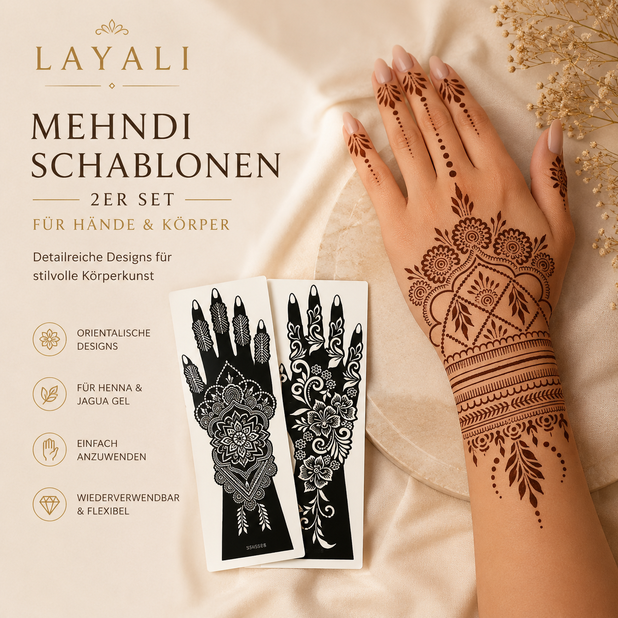 Layali Mehndi Henna Schablonen 1er– 2er Set für Hände & Körper
