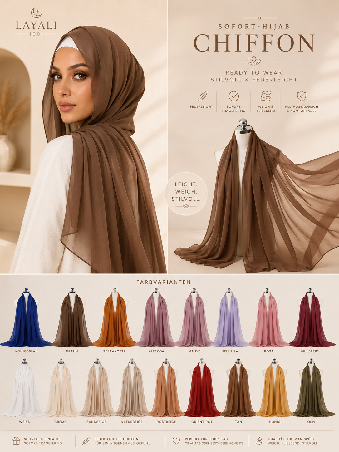 Layali – Ready-to-Wear Chiffon Hijab: Stylish, Lightweight & Effortless