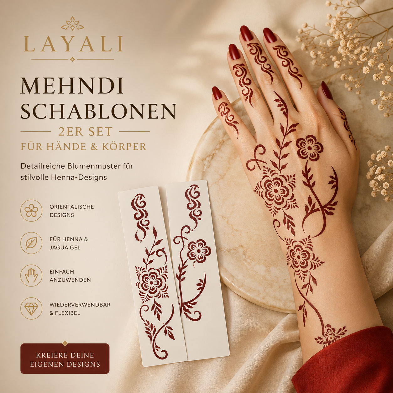 Layali Mehndi Henna Schablonen 1er– 2er Set für Hände & Körper