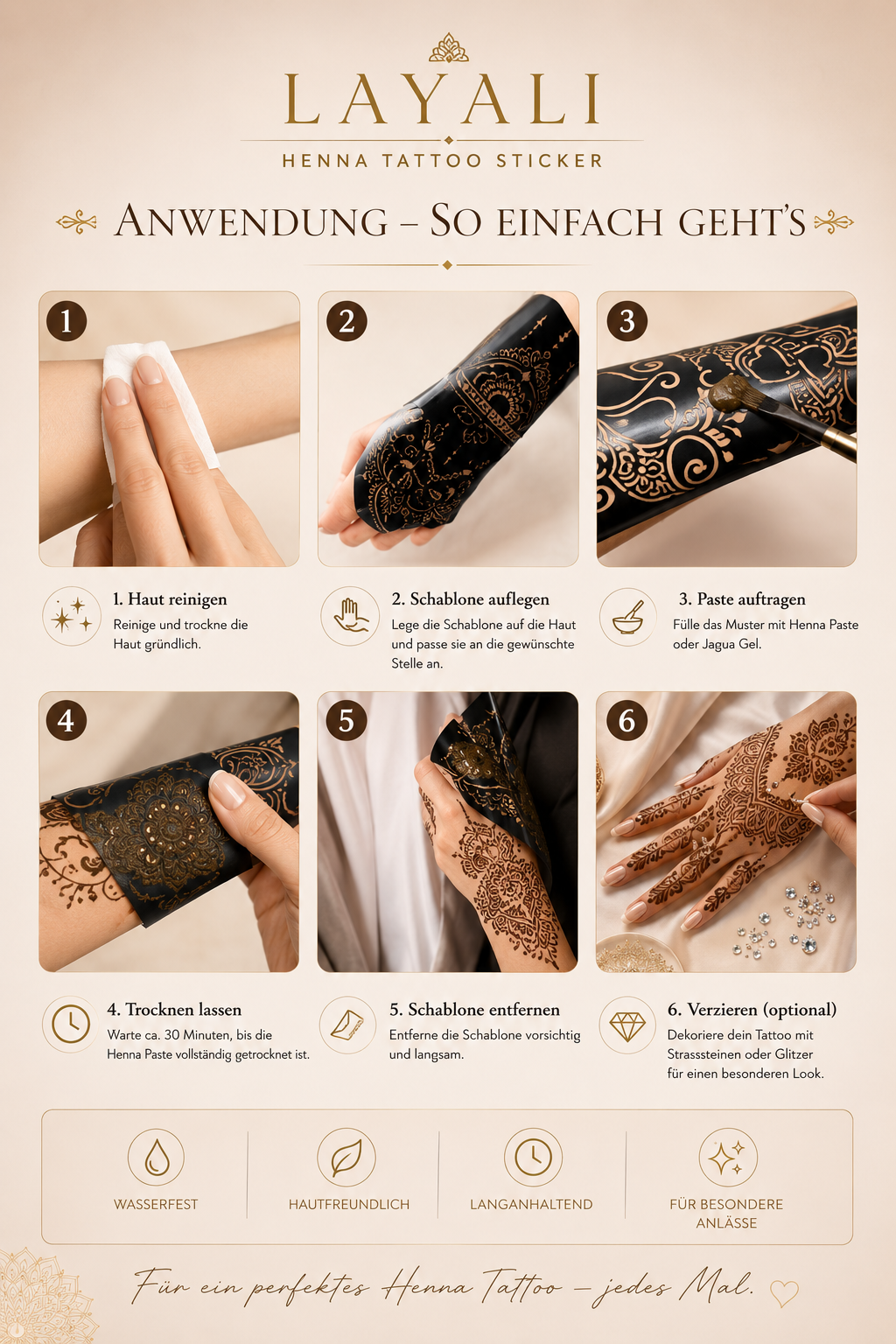 Layali Blumen-Henna Schablone – Waterproof Mehndi Design