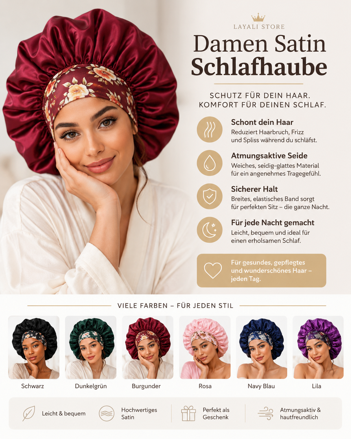 Layali Satin Schlafhaube – Sanfter Schutz für dein Haar