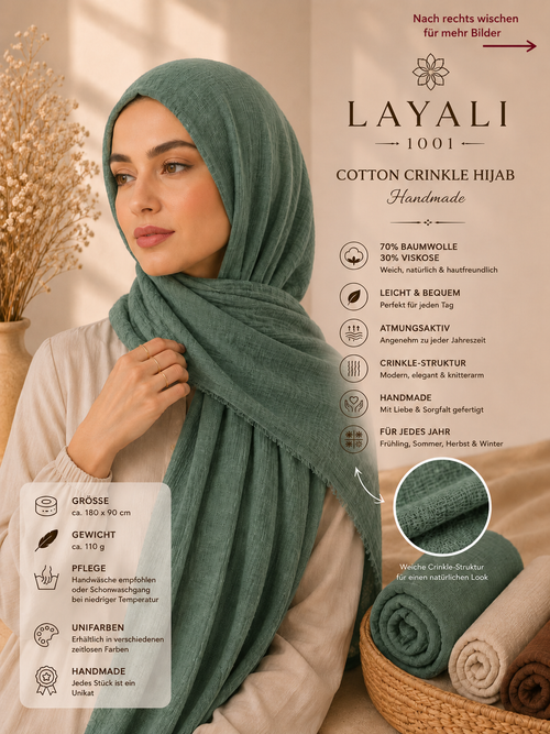 Layali – Handmade Cotton Crinkle Hijab: Large, Soft & Warming for Every Season