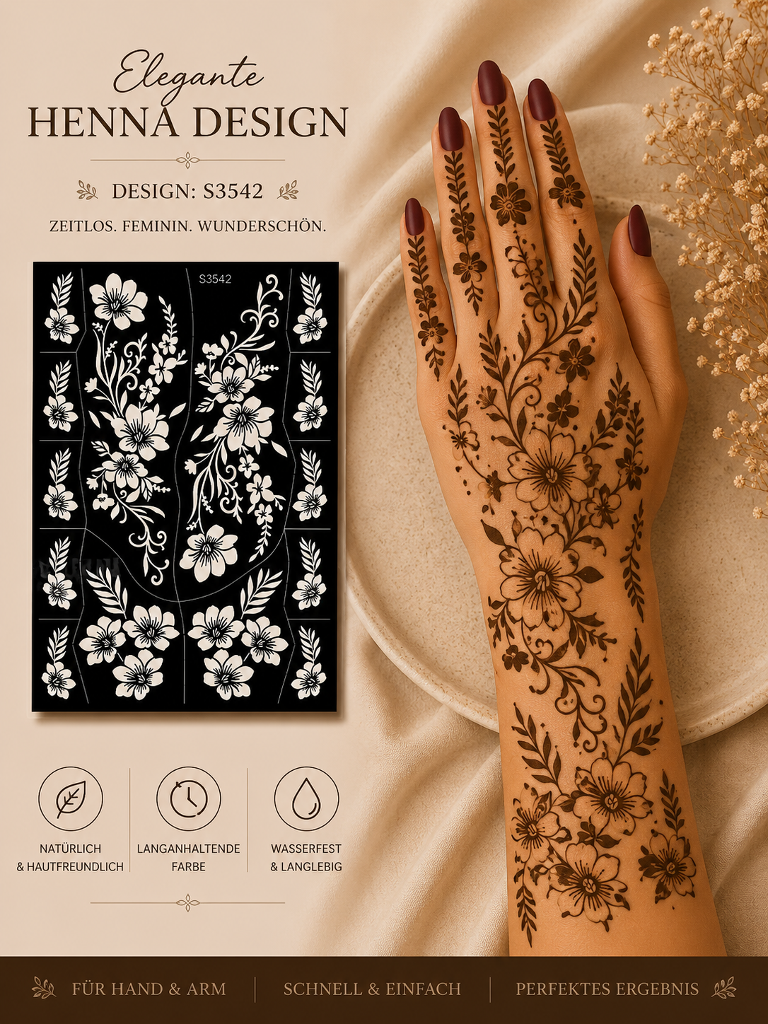 Layali Blumen-Henna Schablone – Waterproof Mehndi Design