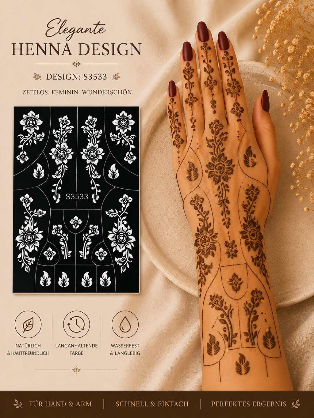 Layali Blumen-Henna Schablone – Waterproof Mehndi Design