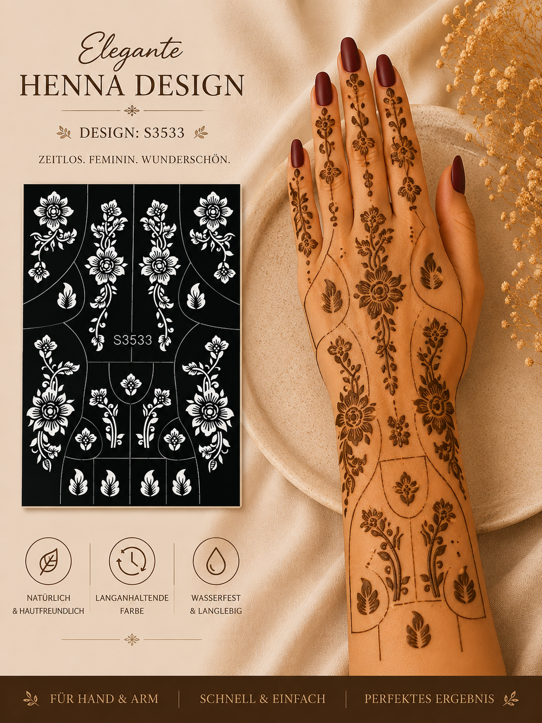 Layali Blumen-Henna Schablone – Waterproof Mehndi Design