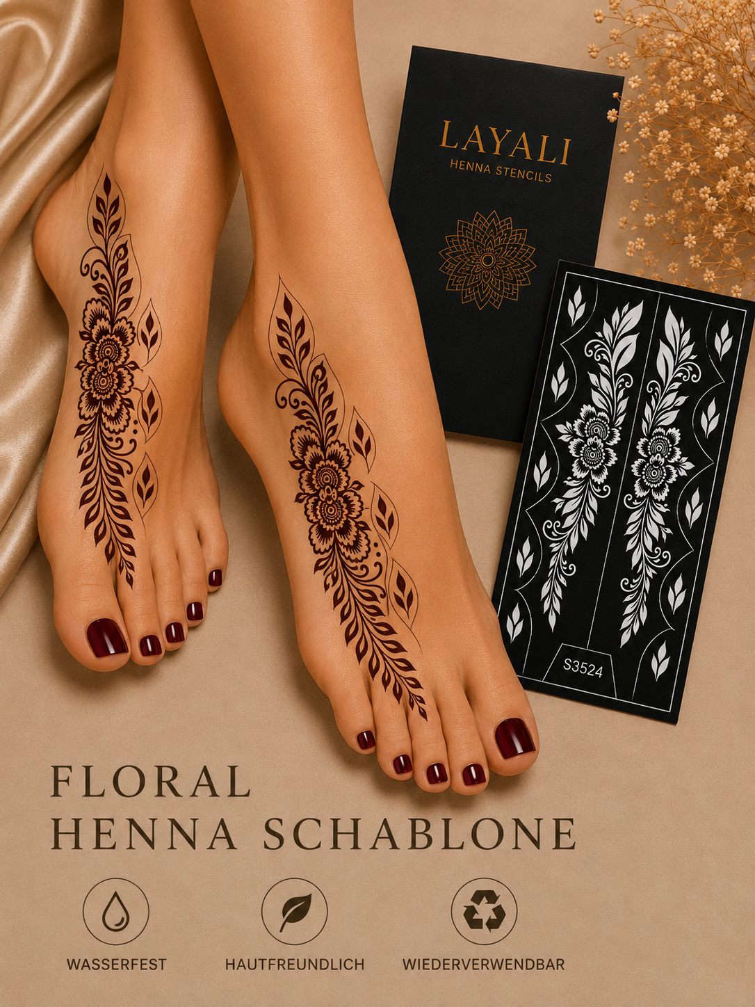 Layali Blumen-Henna Schablone – Waterproof Mehndi Design