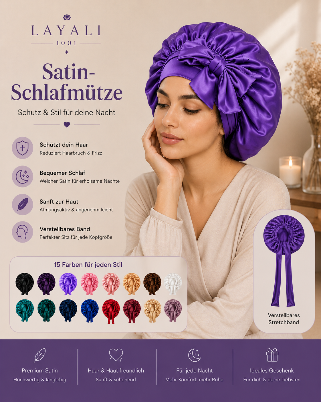 Layali Satin Schlafhaube – Verstellbar & Elegant