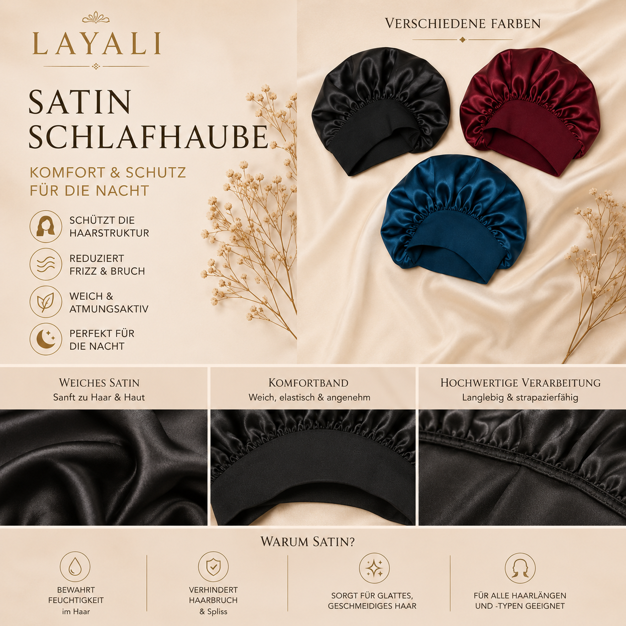 Layali Satin Schlafhaube – Komfort & Schutz für die Nacht