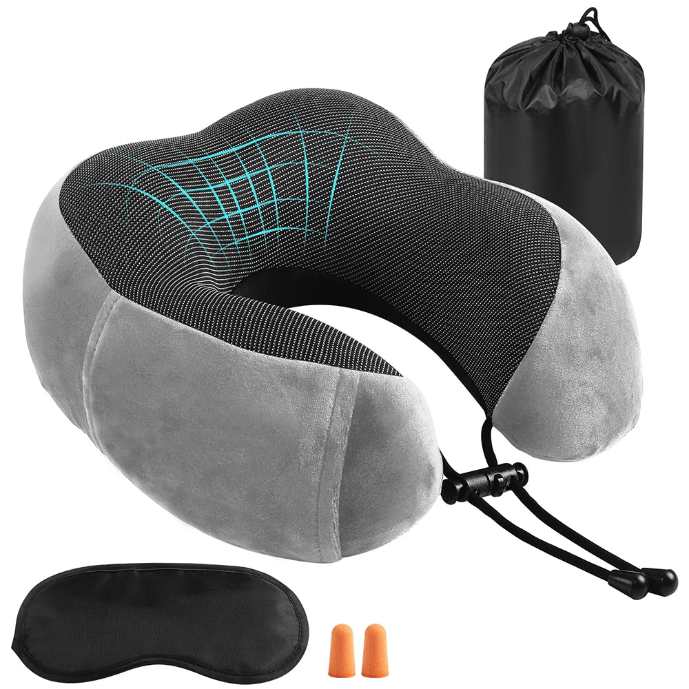 🌙 Memory Foam Nackenkissen U-Form – Weiches Reisekissen mit Seitentasche, Schlafmaske & Ohrstöpseln, Ergonomische Nackenstütze für Reisen