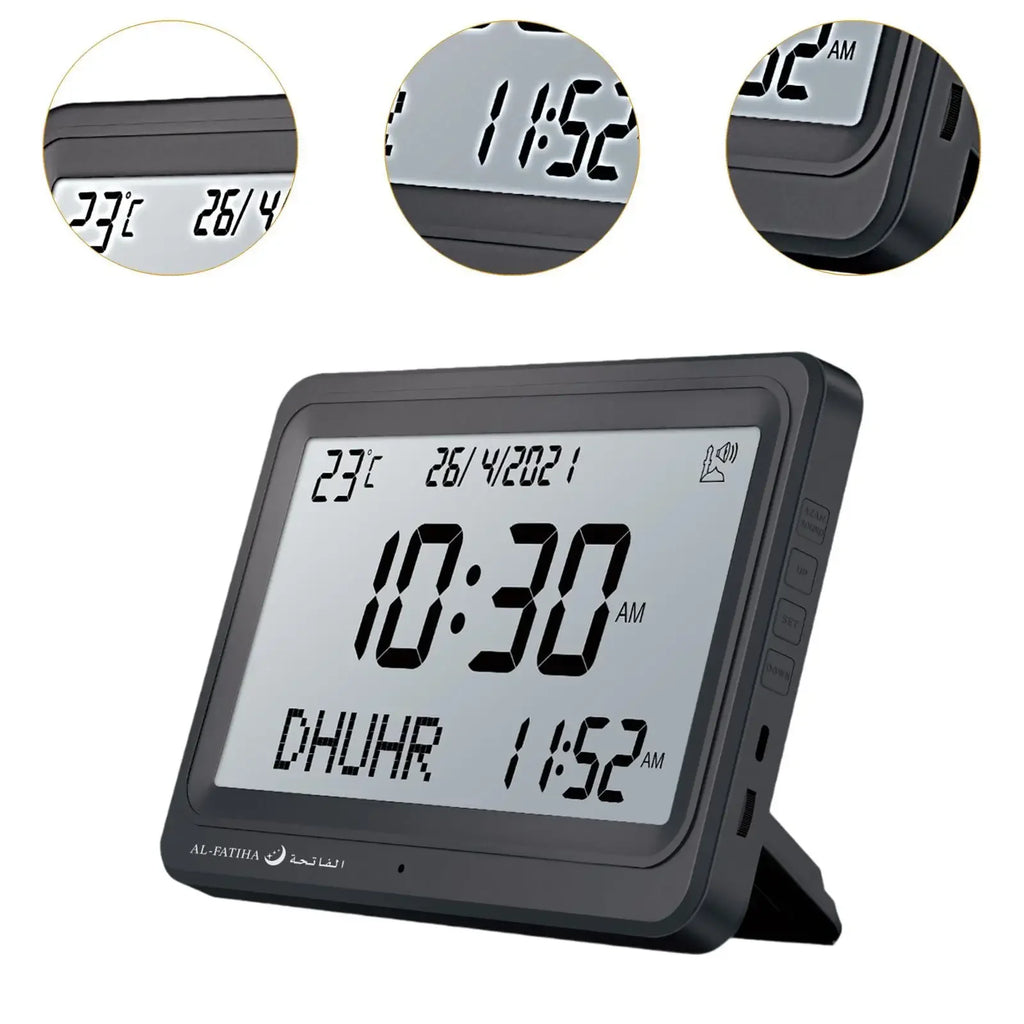 🕌 Layali – LCD Azan Uhr mit 8 Athan-Klängen & Hijri-Kalender | Stilvolle Gebetsuhr für Zuhause & Büro