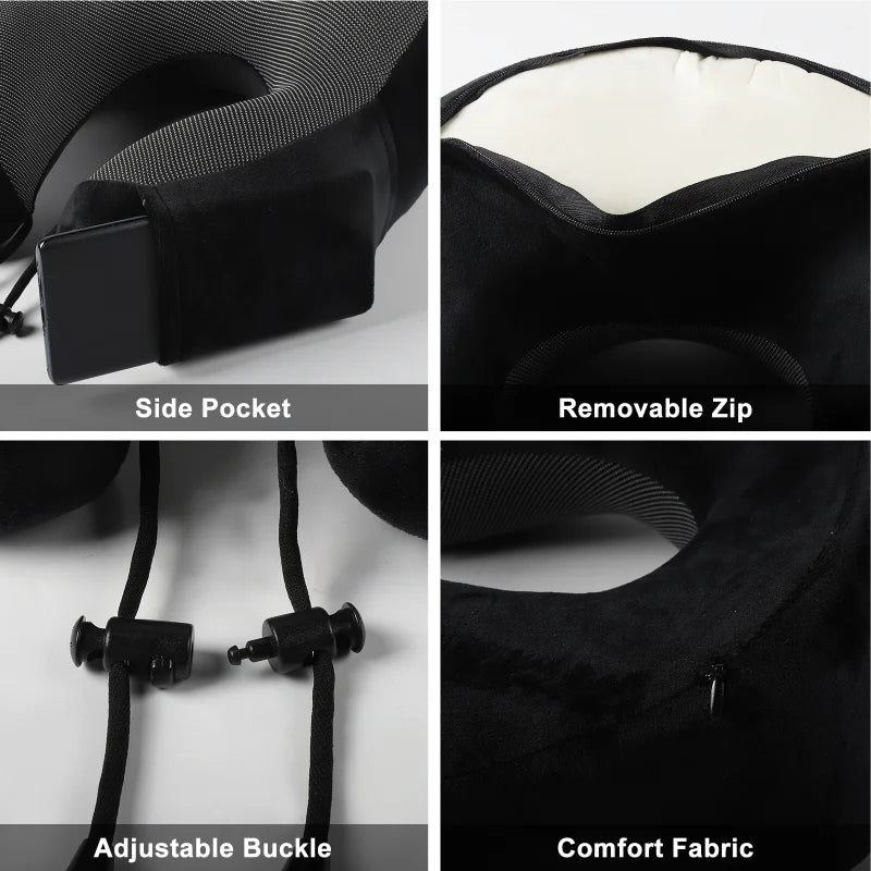🌙 Memory Foam Nackenkissen U-Form – Weiches Reisekissen mit Seitentasche, Schlafmaske & Ohrstöpseln, Ergonomische Nackenstütze für Reisen