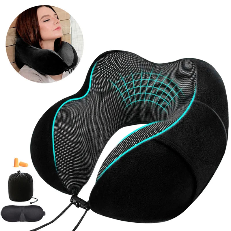 🌙 Memory Foam Nackenkissen U-Form – Weiches Reisekissen mit Seitentasche, Schlafmaske & Ohrstöpseln, Ergonomische Nackenstütze für Reisen