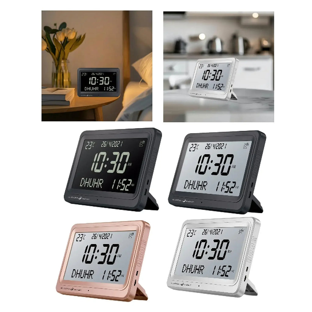 🕌 Layali – LCD Azan Uhr mit 8 Athan-Klängen & Hijri-Kalender | Stilvolle Gebetsuhr für Zuhause & Büro