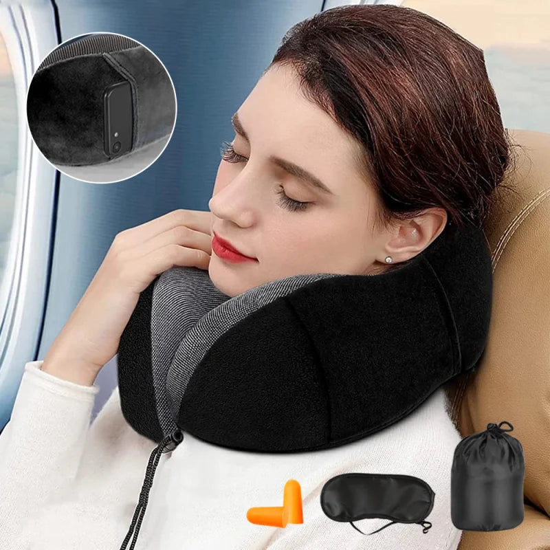 🌙 Memory Foam Nackenkissen U-Form – Weiches Reisekissen mit Seitentasche, Schlafmaske & Ohrstöpseln, Ergonomische Nackenstütze für Reisen