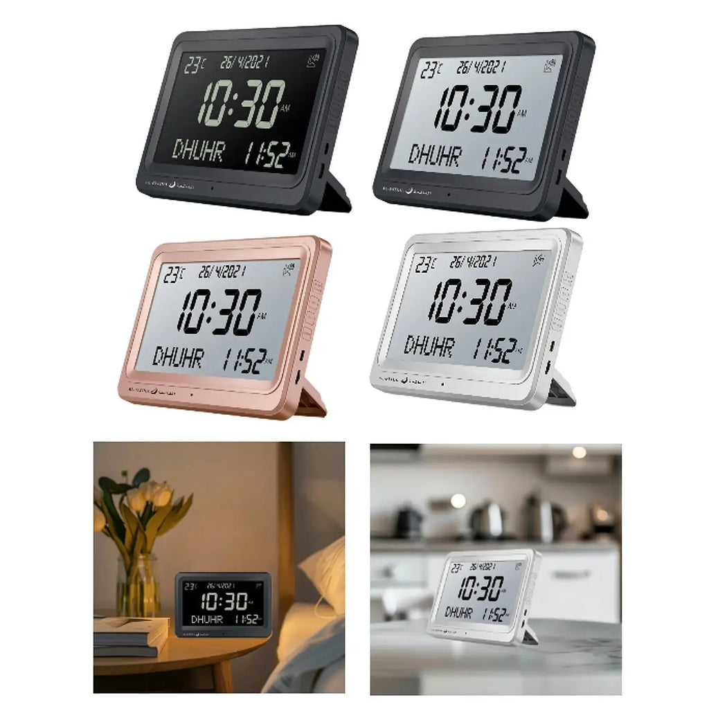 🕌 Layali – LCD Azan Uhr mit 8 Athan-Klängen & Hijri-Kalender | Stilvolle Gebetsuhr für Zuhause & Büro