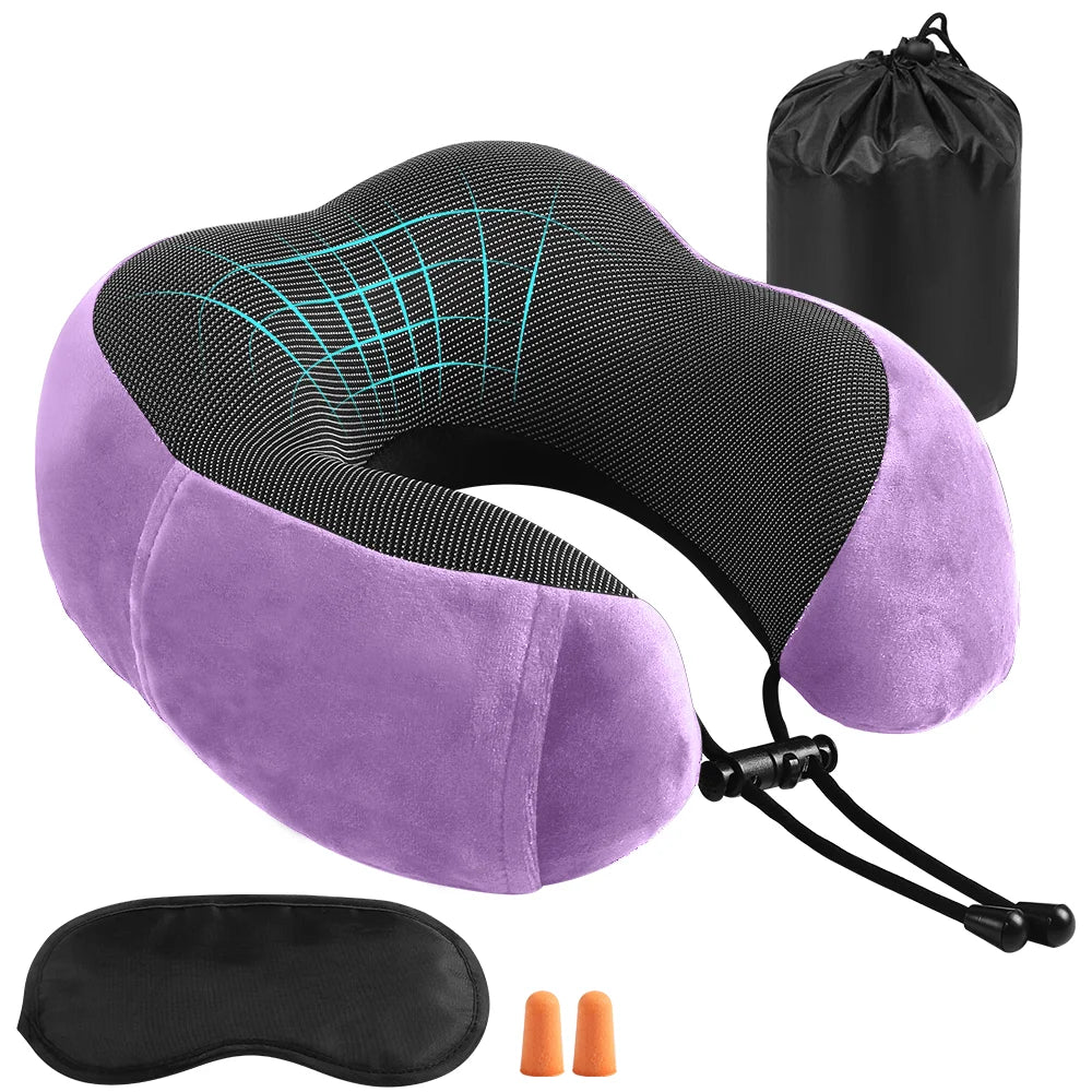 🌙 Memory Foam Nackenkissen U-Form – Weiches Reisekissen mit Seitentasche, Schlafmaske & Ohrstöpseln, Ergonomische Nackenstütze für Reisen